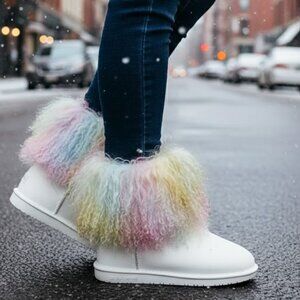 Bearpaw Boo Tie Dye Shearling Wool Curly Lamb Fur Mongolian Sherpa Boots Size 8